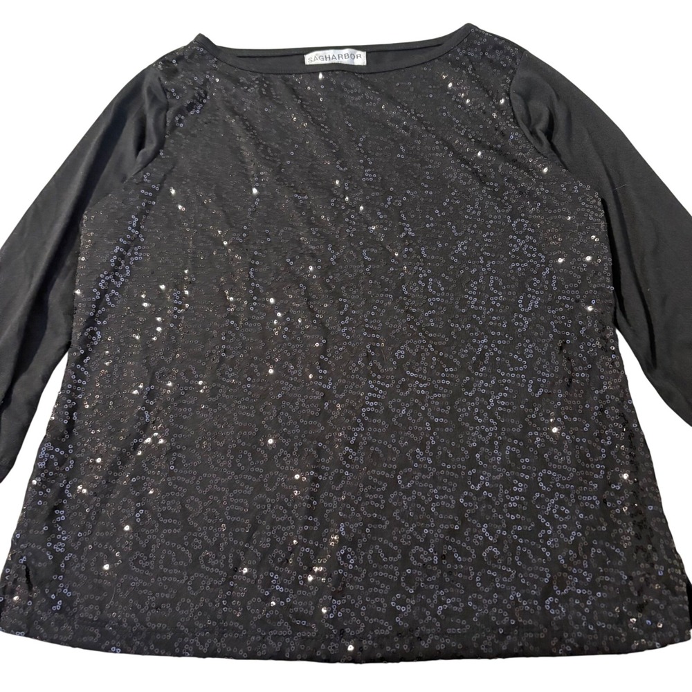 Sag Harbor Petite Black Sequin Leopard Print Top Long Sleeve Boat Neck PM Party